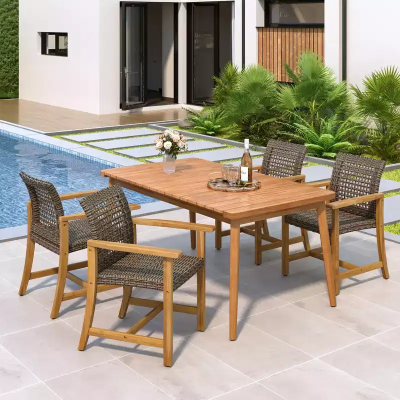 5-Piece Acacia Wood PE Rattan Patio Dining Set, Heavy-Duty 4-Seater Outdoor Patio Table Chair Set