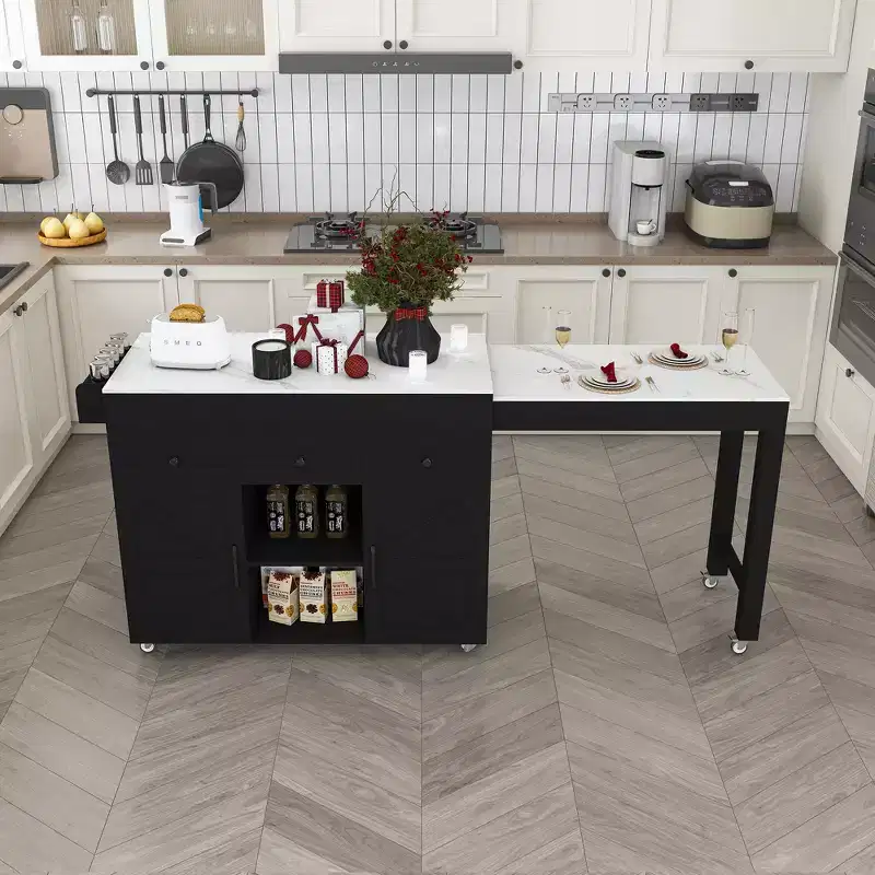 GDFStudio Nolan 74.8 Extendable Kitchen Island with Storage and Rolling Casters