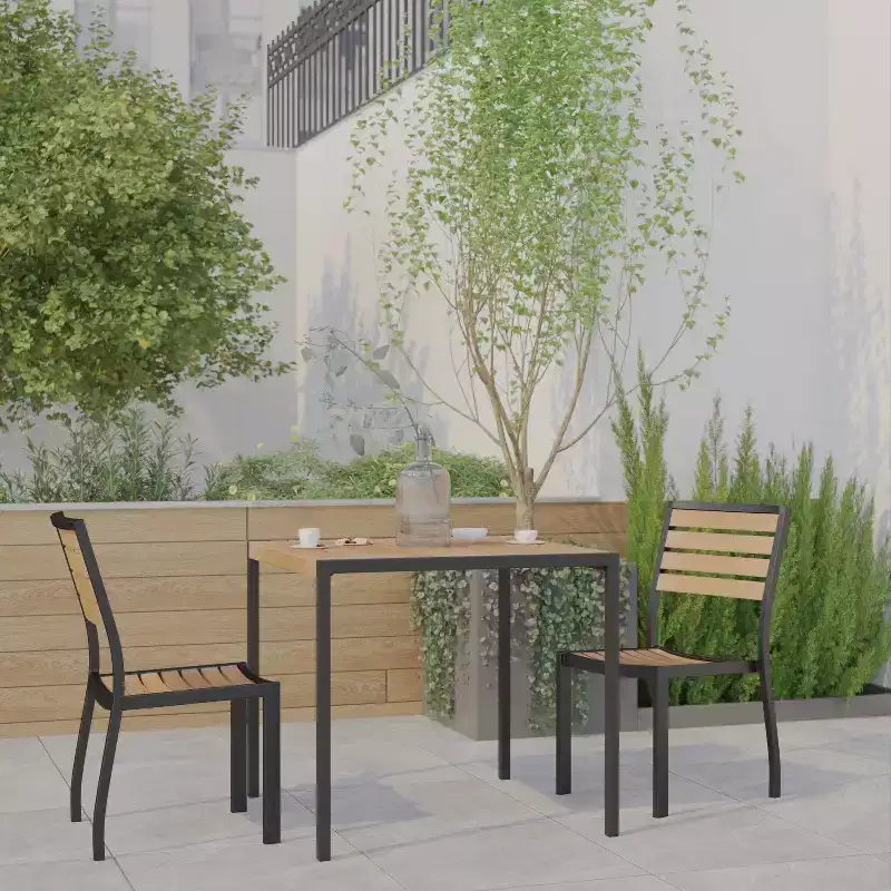 Emma and Oliver 3 Piece Patio Table Set - Synthetic Teak Poly Slats - 35 Square Steel Framed Table with 2 Faux Teak Stackable Chairs