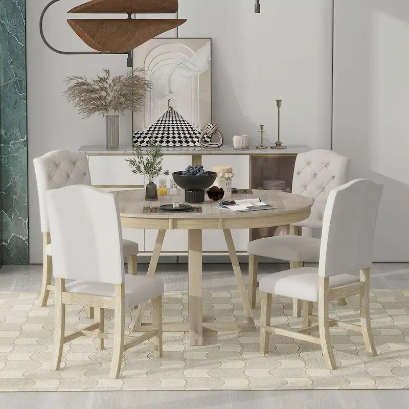 5 Piece Vintage Style Table Set, 42-58 Extendable Round Dining Table with 4 Upholstered Dining Chairs