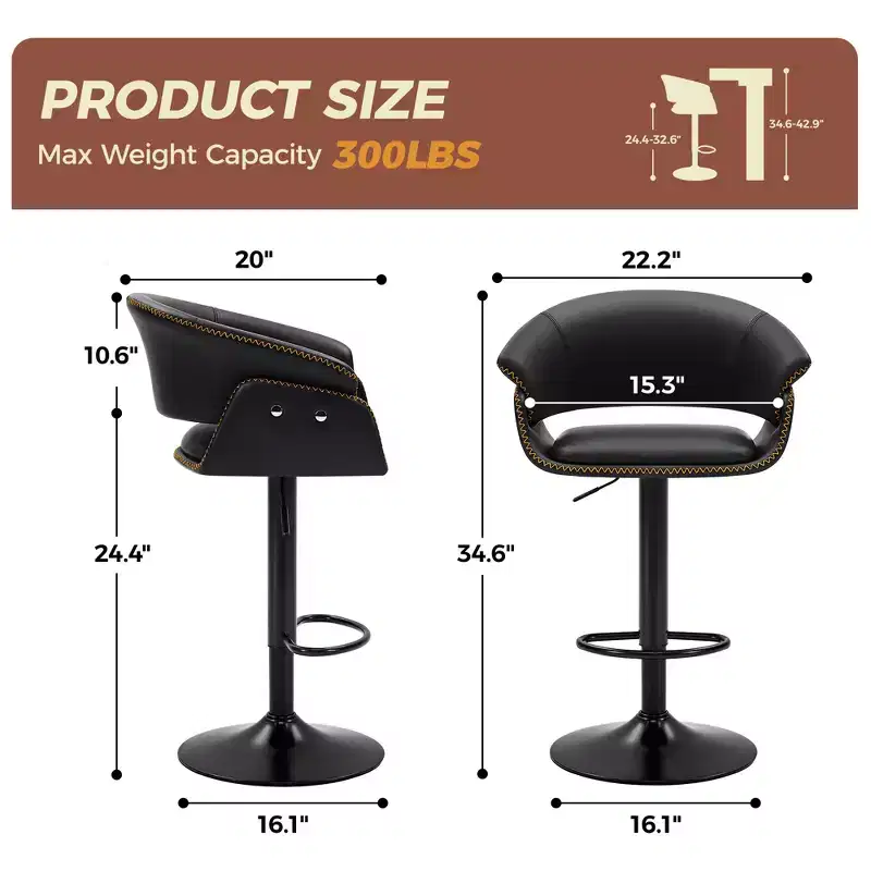 KERDOM Bar Stools Set of 4, Modern Adjustable Swivel Bar Chairs, Faux Leather Upholstered Adjustable Height for Living Room, Black