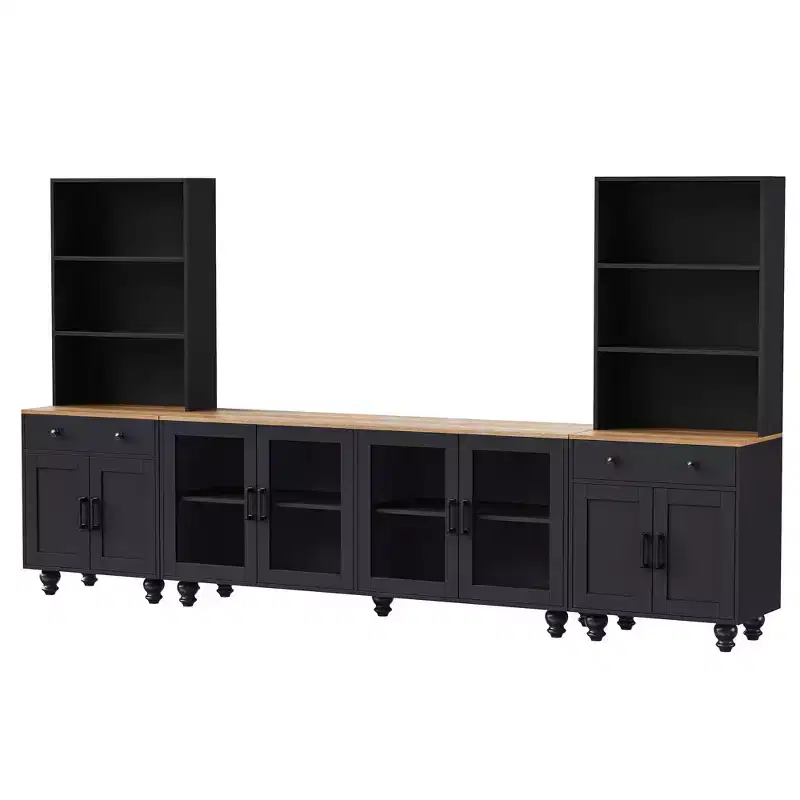 Farmhouse TV Wall Unit for 70 TV, Entertainment Center with Bookshelves, Textured Glass Doors, Gourd Legs
