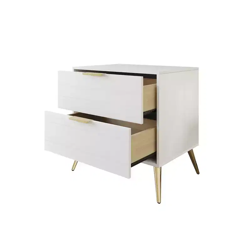 2-Drawer Nightstand with Gold Legs and Handles, Solid Wood