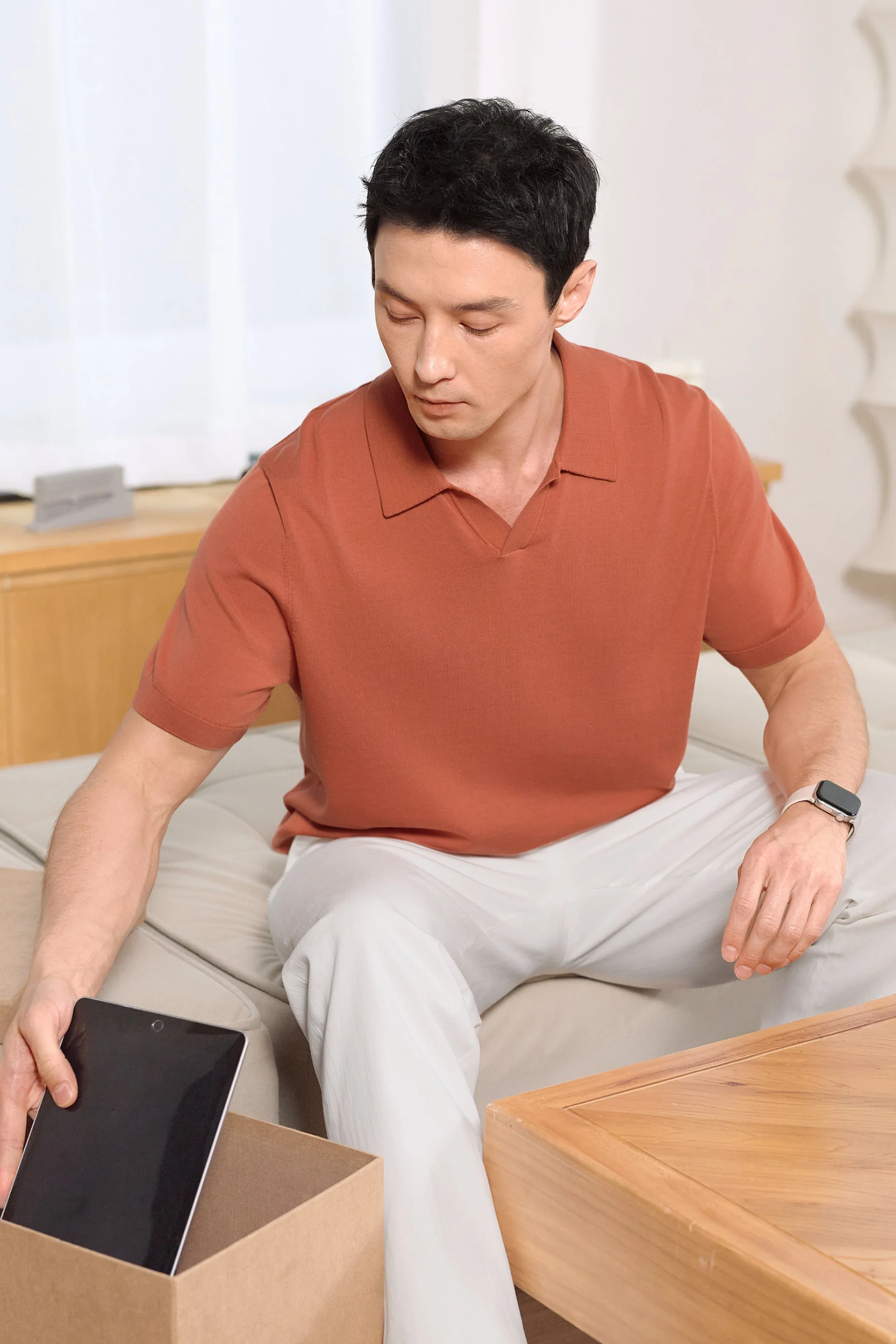 Flat-Knit Buttonless Sweater Polo – Orange Rust