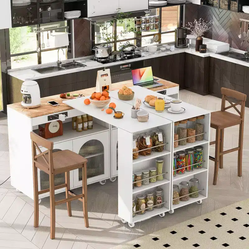 Kitchen Island On Wheels with 2 Glass Doors, Kitchen Cart with Extended Table and Power Outlets, Kitchen Island with Side Open Shelves