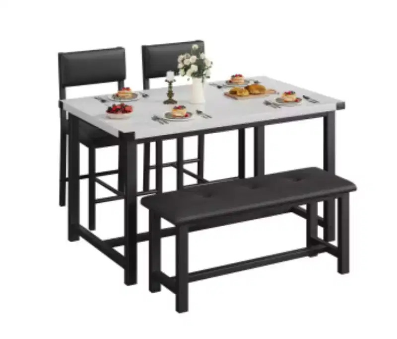 1 Set Industrial Dining Table Set with 1 Table + 1 Bench + 2 Chairs, Particleboard & MDF Board,