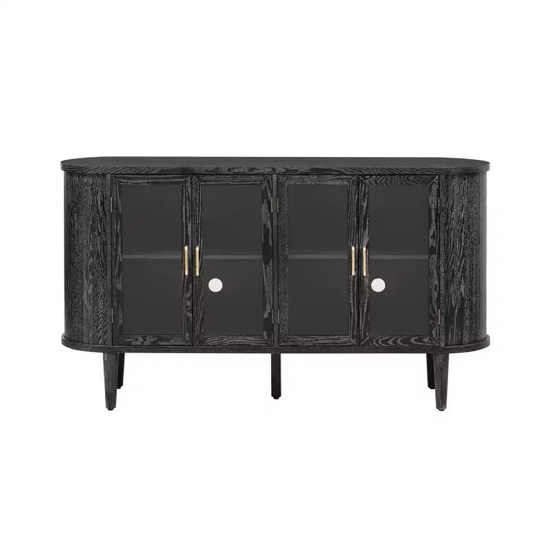 Farmhouse Sideboard Cabinet with Glass Doors and Adjustable Shelves for Dining and Living Room, Black