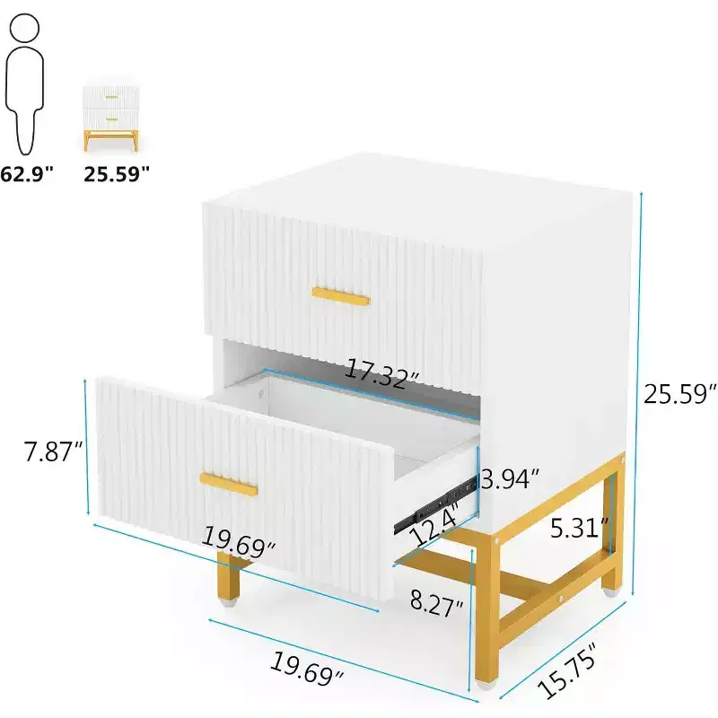 2-Drawer Nightstand, Modern Fluted Bed Side Table with Storage, Wood End Accent Table for Bedroom, Living Room, Small Spaces, White