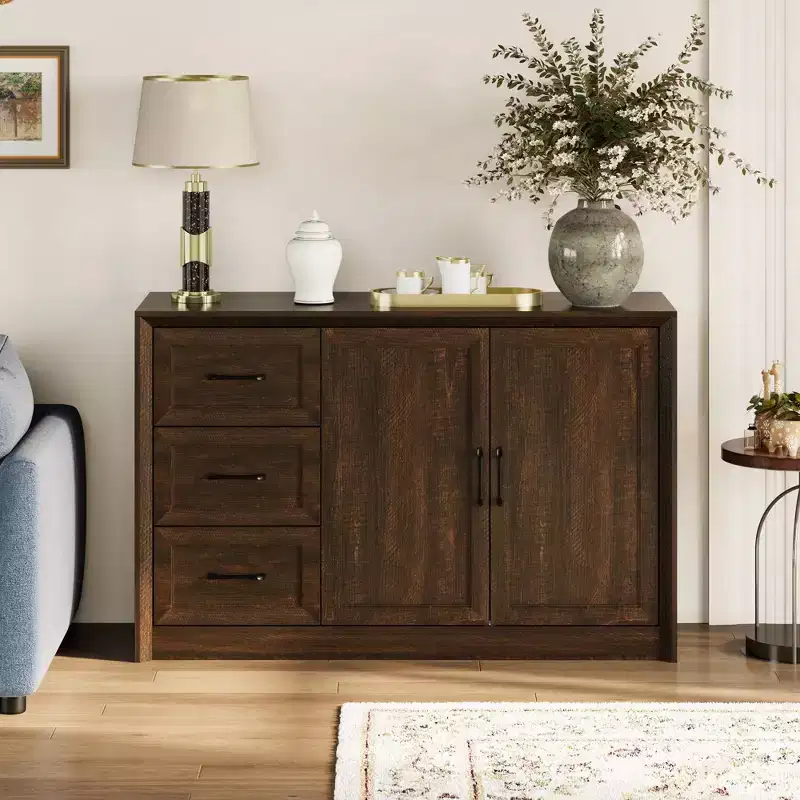 Wood Grain Buffet Chest Kitchen Cabinet with Anti-Tipping Device, 3 Drawers+2 Doors for Kitchen or Living Room Storage