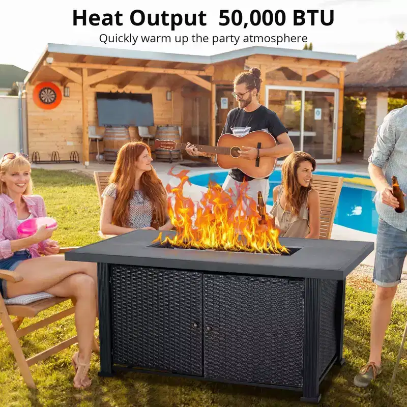 Fire Pit Table, 52'' 2-in-1 50,000 BTU Outdoor Gas Firepit  Rectangular Propane Fire Pit with Glass Guard/Lid/Storage/Covers