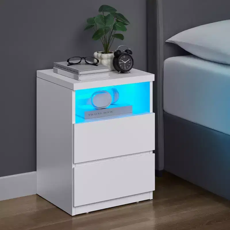 Minimalist Nightstand with Adjustable LED Lighting, 2 Storage Drawers, Compact Side Table - White