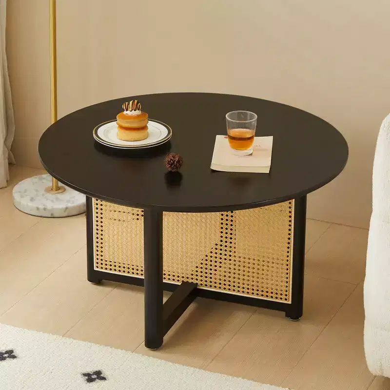 Mid-Century Modern Rubberwood Rattan Round Coffee Table