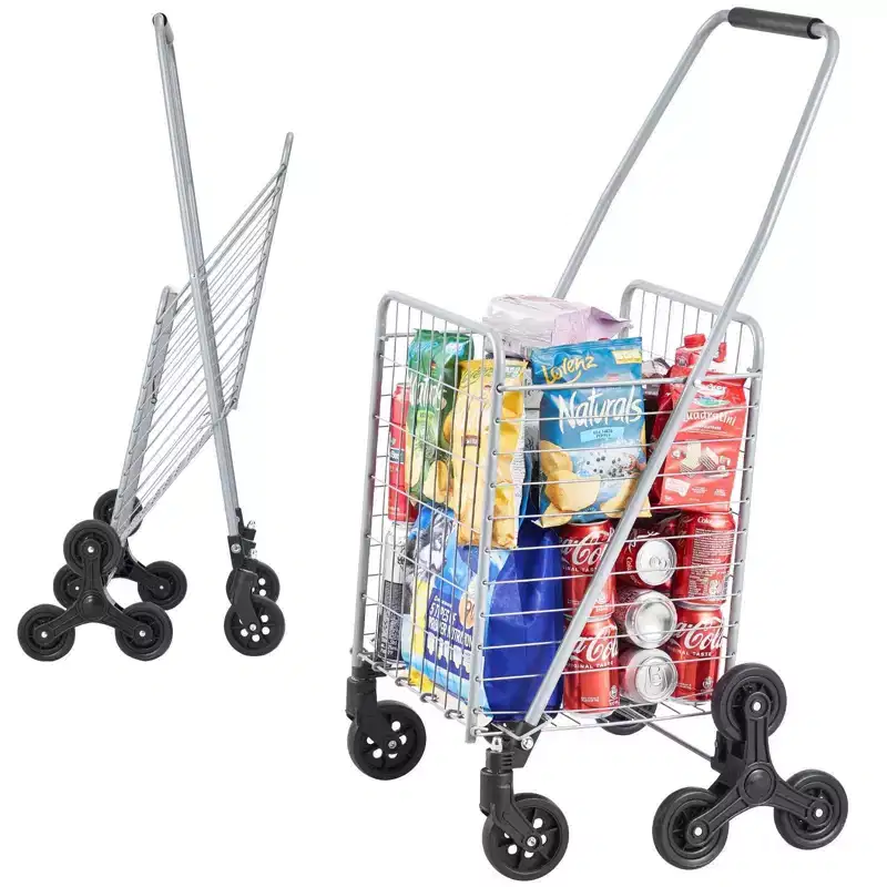 45L Stair Climbing Storage Cart, 360 Swivel & Tri-Wheels, Foldable Lightweight Utility Cart for Laundry Travel, Silver