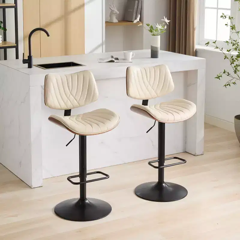 GDFStudio Agnes Faux Leather Upholstered Bentwood Swivel Adjustable Height Bar Stool