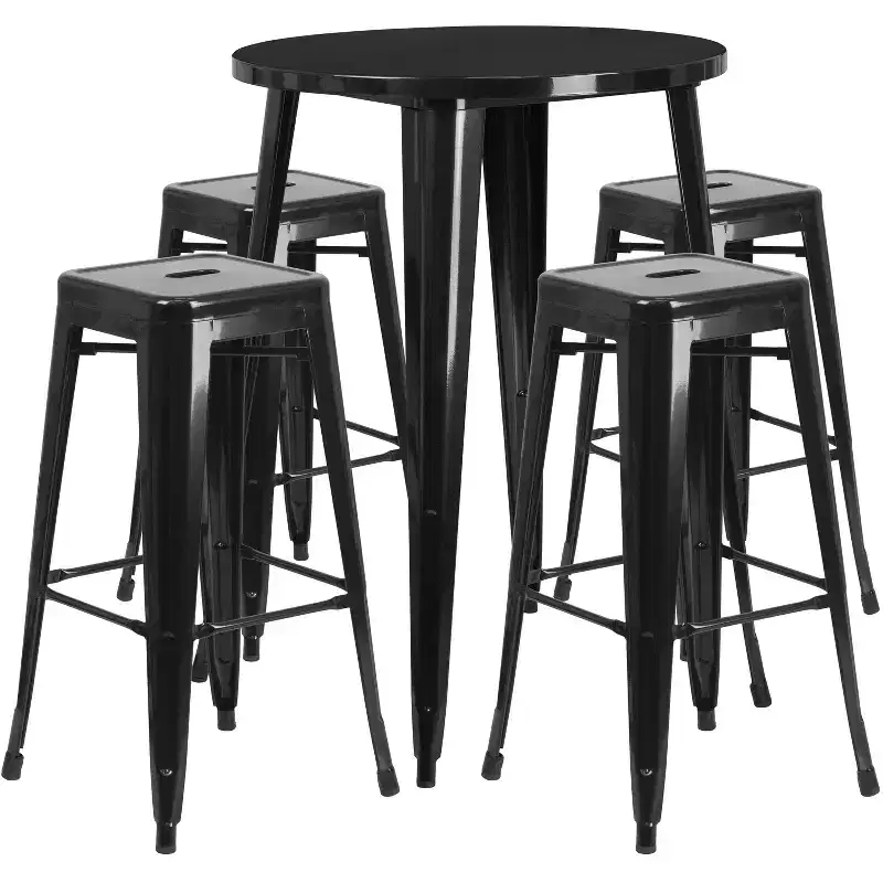 Emma and Oliver Commercial Grade 30 Round Metal Indoor-Outdoor Bar Table Set, 4 Backless Stools