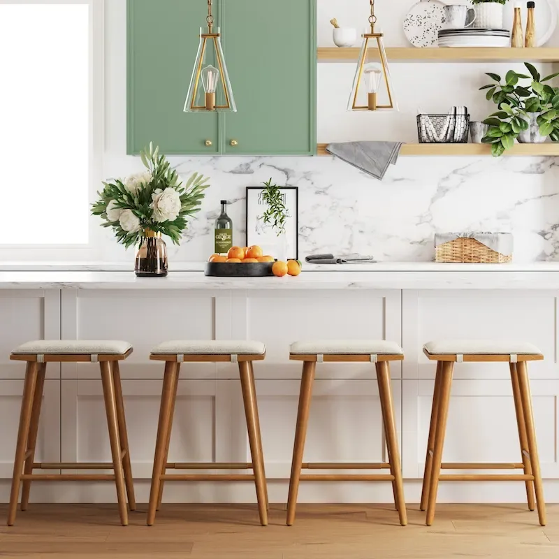 Boucle Upholstered Backless Counter Height Barstool with Cushion, Metal Legs, Modern Style