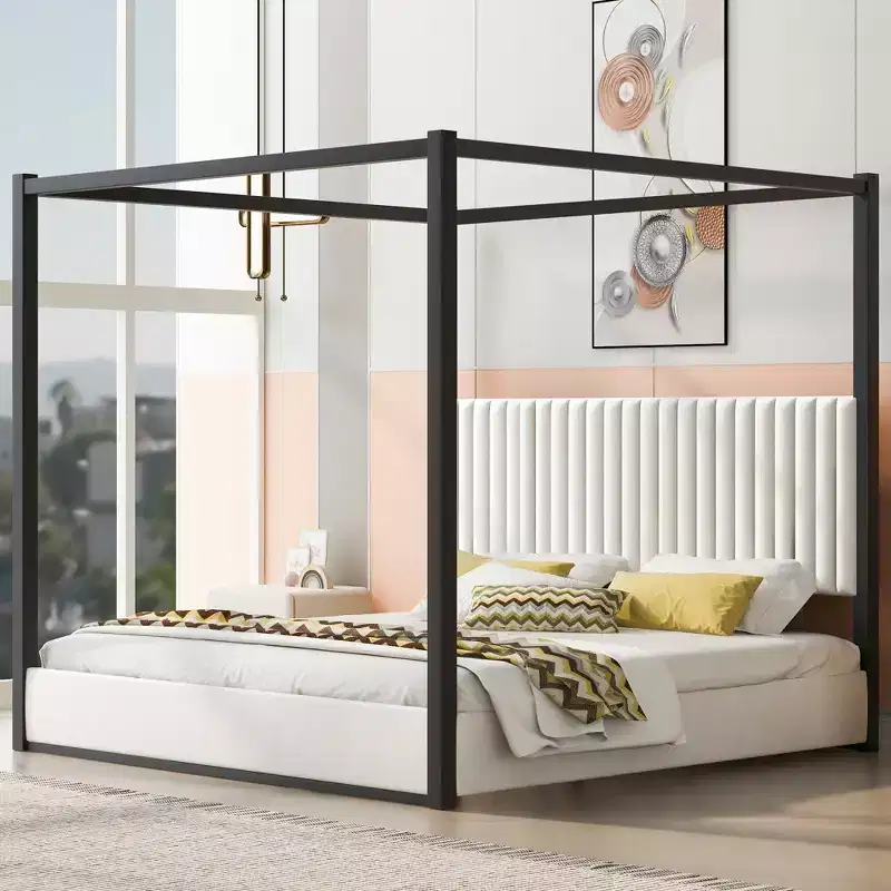 King Size Wood Platform Bed with Upholstered Headboard and Metal Frame, Easy Assembly