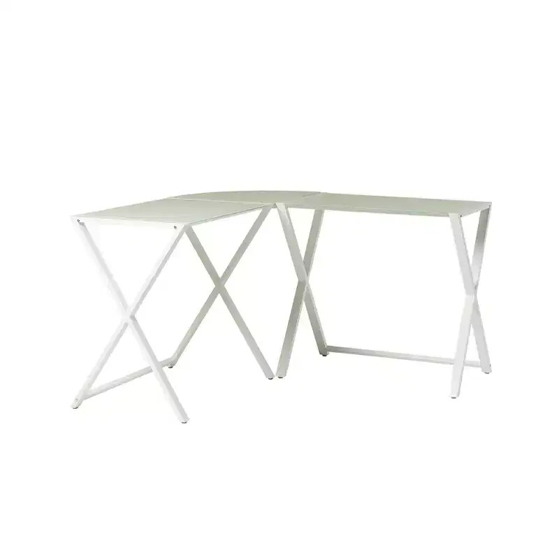 Modern L-Shaped Metal and Tempered Glass Computer Desk with X-Frame