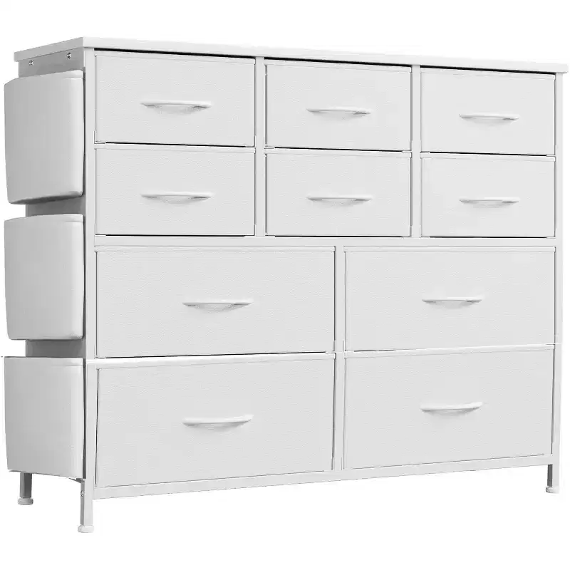 Dresser, 10 Drawer Storage Tower - TV Stand with Fabric Bins, Steel Frame, Wood Top for Bedroom, Kids Room