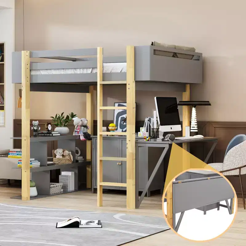 Loft Bed with Foldable Desk, Wood Loft Bed Frame with Built-in Storage Cabinet and Cubes