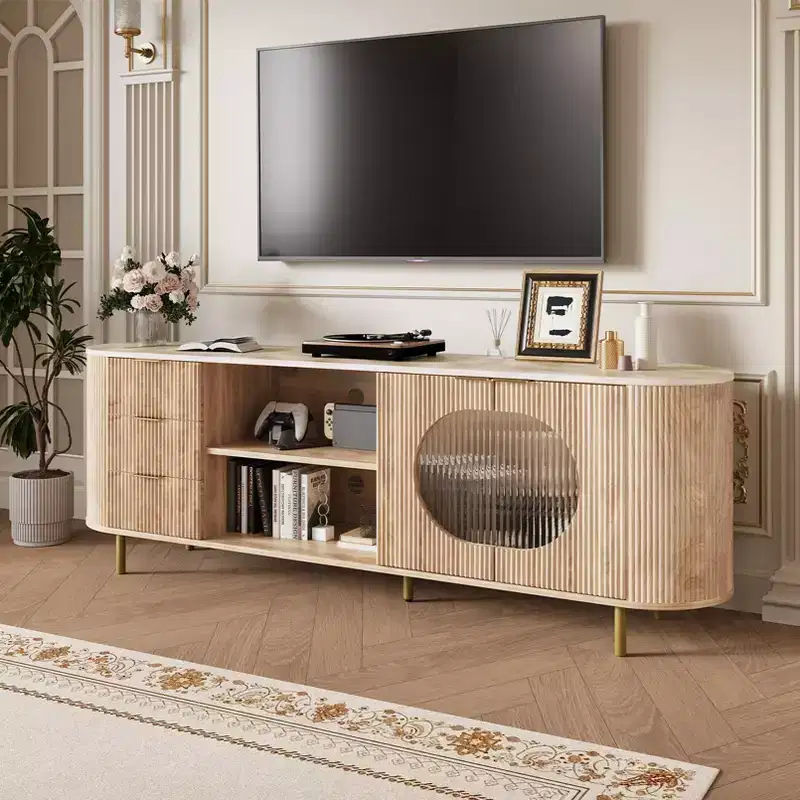 JVNOXK 65-inch Modern Recessed TV Console with Marble-Look Countertop and Gold Accents, Suitable for Living Rooms, Natural Oak