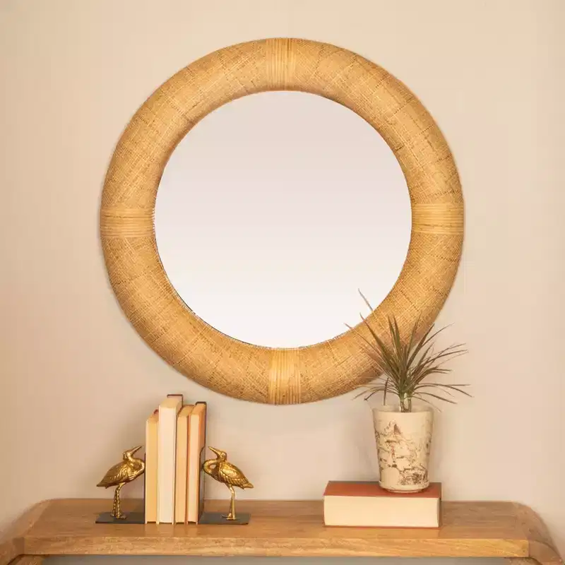 Storied Home Handwoven Rattan Cane Round Wall Mirror, Natural