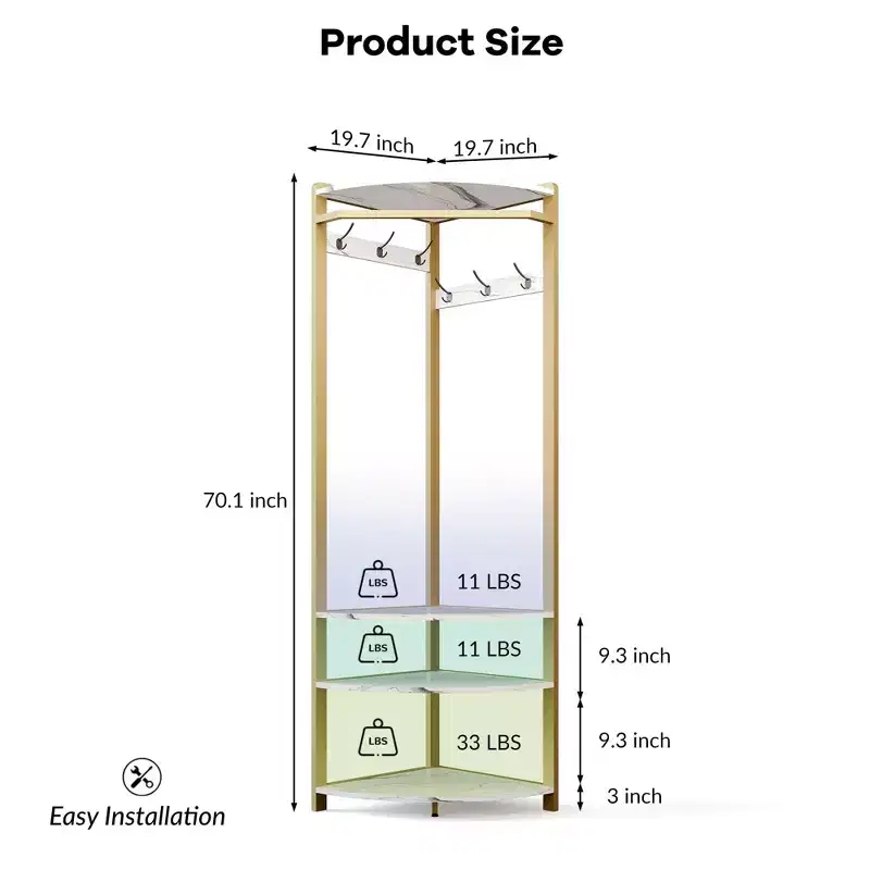 Coat Rack with 3 Storage Shelves, 6 Double Hooks & Spacious Storage Shelf, Corner Hall Tree and Clothes Rack Stone