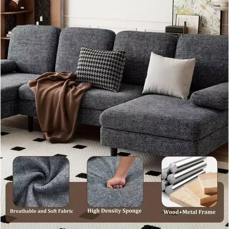 U-Shaped Combination Sofa Double Lounge Chair Chenille Fabric 4-Seat Living Room Furniture