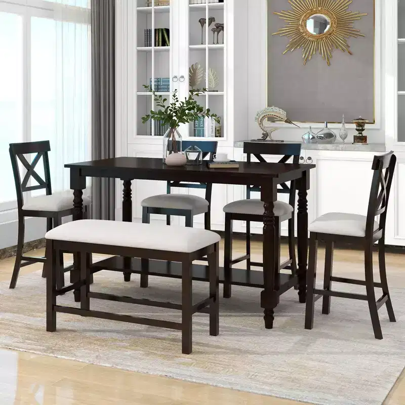 Whisen 6-Piece Counter Height Dining Table Set with Shelf 4 Chairs and Bench