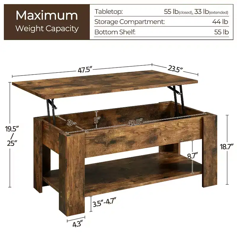 Lift Top Coffee Table with Hidden Compartment & Open Shelf For Living Room