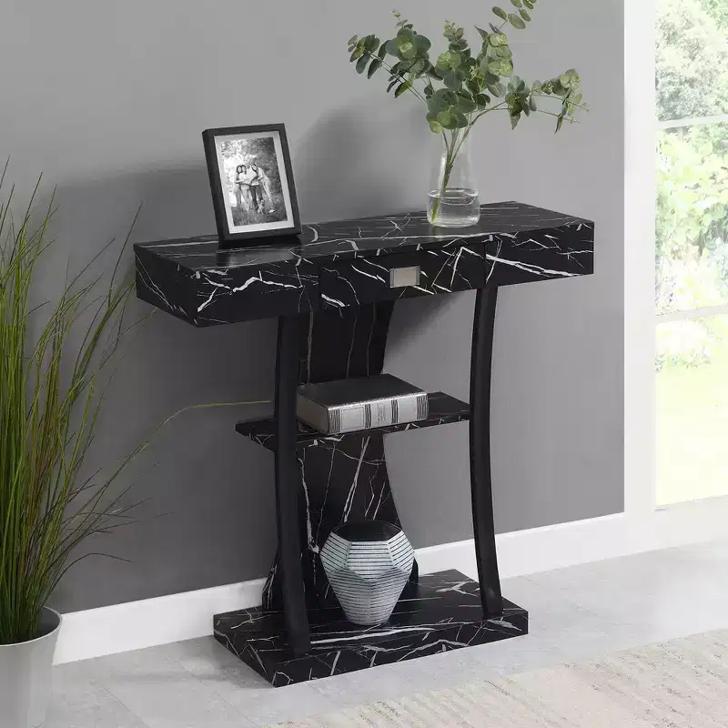 1 Drawer Harri Console Table with Shelves in Black Faux Marble