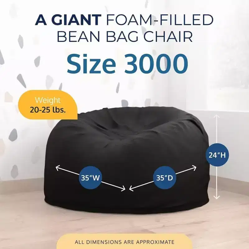 3 ft Bean Bag Chair, Oversized Indoor Comfy Lounger, Black Fur