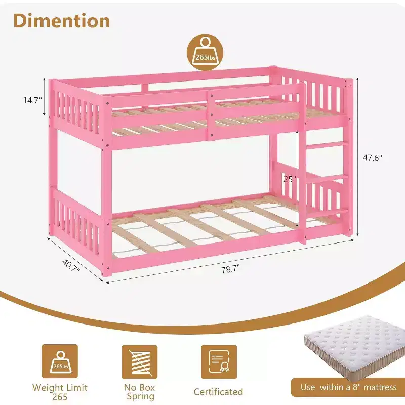 Low Twin Over Twin Bunk Bed for Kids with Guardrails and Ladder, Wood Frame, Mattress Not Included