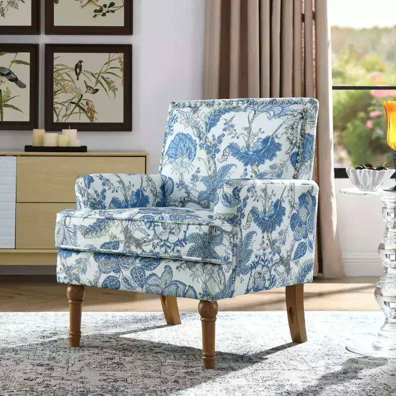 Farmhouse Upholstered Floral Chair with Nailhead Trim, Solid Wood Leg Accent Armchair for Living Room, Bedroom or Entryway