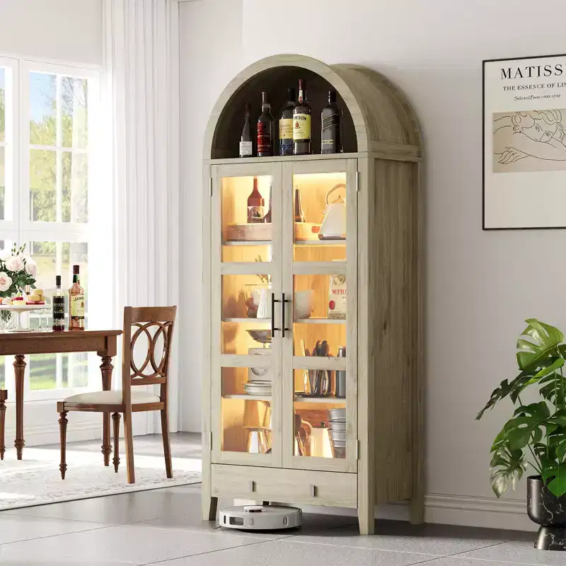 Pantry Cabinet, Kitchen Storage Cabinet  71 Tall Arched Farmhouse Design with LED Lights, Adjustable Shelves & Glass Door, Oak