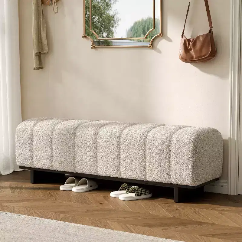 Modern Tufted Faux Fur Dining Bench with Rubberwood Legs, 63.62