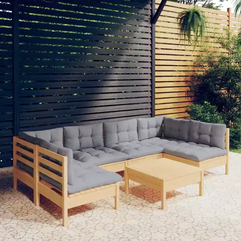 vidaXL Solid Pinewood Patio Lounge Set 7 Piece with Cushions - Brown and Gray