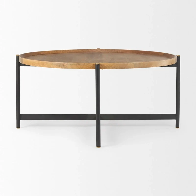 Marquisa Medium Brown Solid Wood w/ Black Iron Frame 42 Round Coffee Table - 42L x 42W x 19H