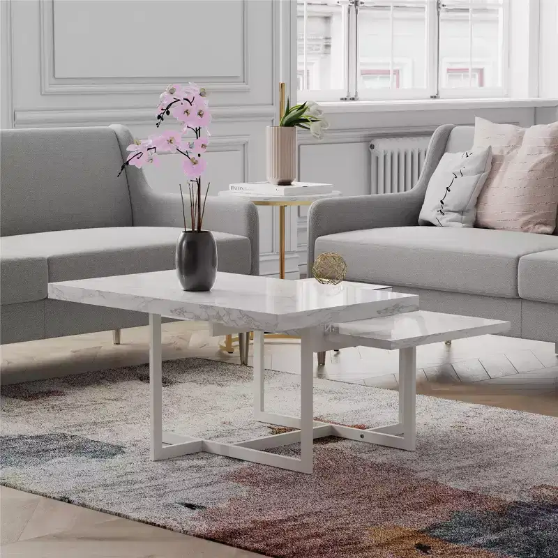 Two-Tier Faux Marble Coffee Table with Metal Base