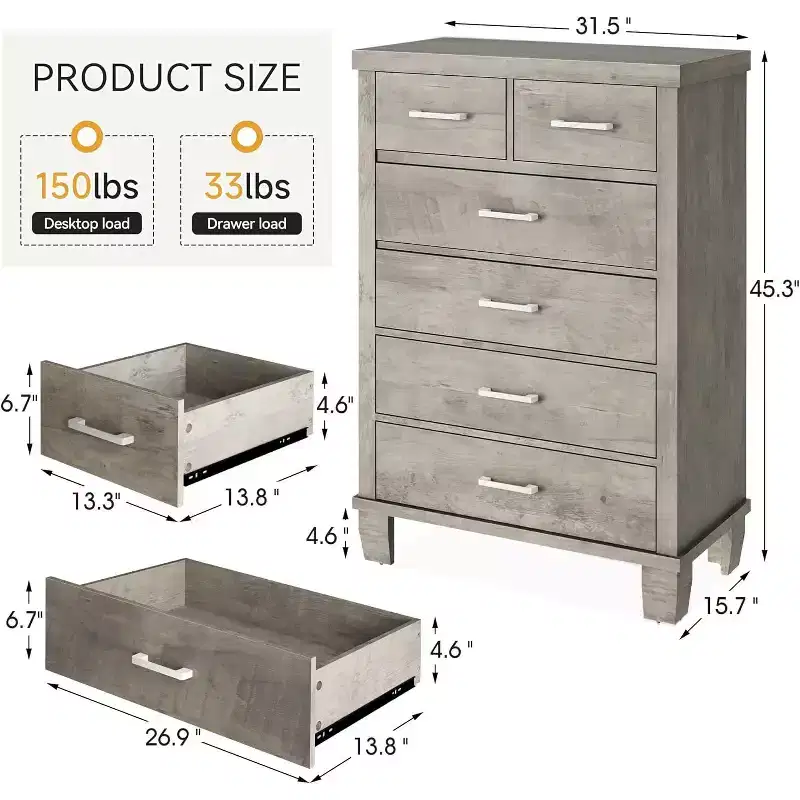 6 Drawers Dresser for Bedroom, 45 Tall Grey Chests of Drawers with Storage, Wooden Dresser for Closet for Bedroom, Living Room, Entryway