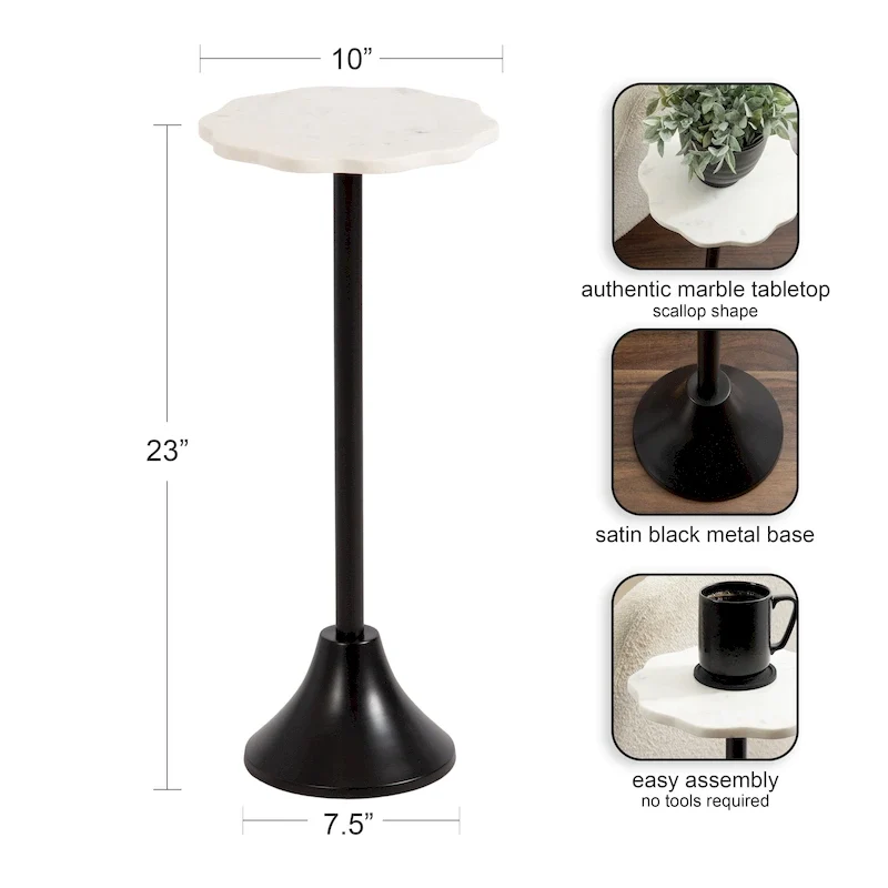 Scalloped Marble & Metal Drink Side Table, Modern Glam Accent Table