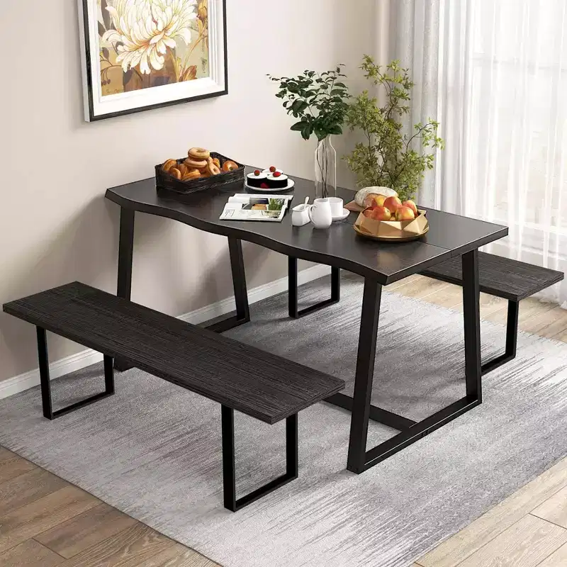 Costway 63 Large Dining Table for 4-6 People with Wavy Edge Heavy-duty Metal Frame Coffee/Black