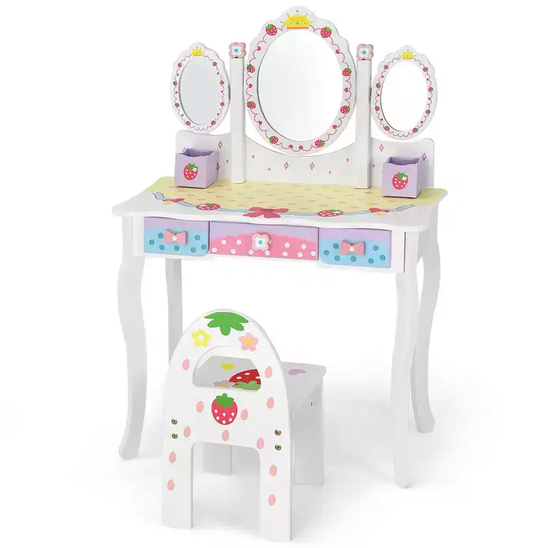 Costway Kids Vanity Princess Makeup Dressing Table Chair Set w/ Tri-fold Mirror White
