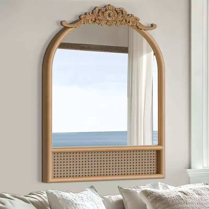 Natural Wood Base Woven Rattan Carved Arch Wall Mirror, 91x61cm, Tempered Glass