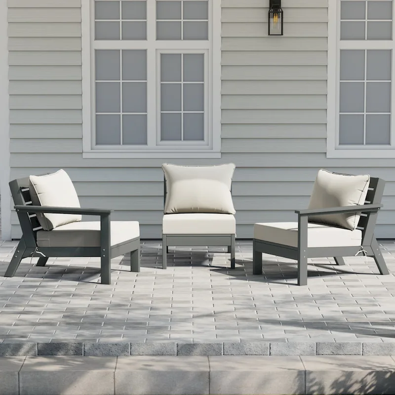 Polytrends Birchwood All Weather HDPE Outdoor Patio Deep Seating Gray Sofa With Cushions (3-Piece)
