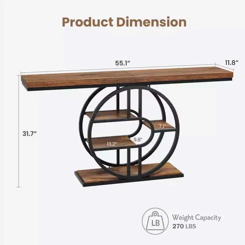 55 Narrow Console Table for Entryway, Retro Industrial Sofa Table Behind Couch with Heavy Duty Iron Frame & Wood Top for Hallway & Living Room