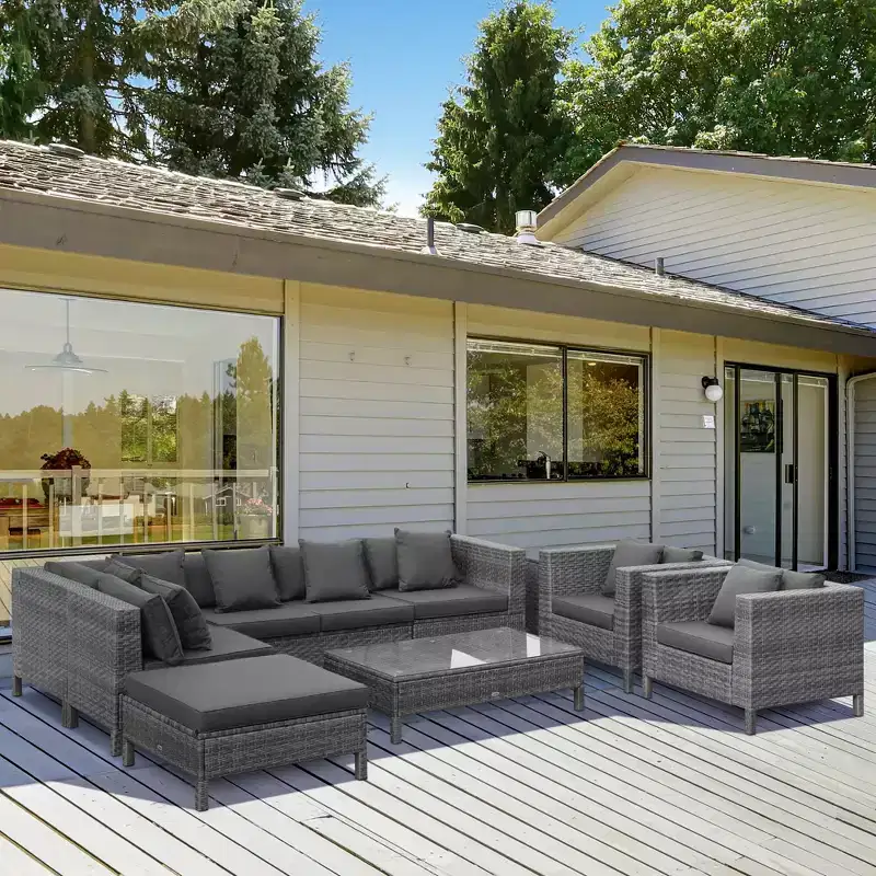 Outsunny 9-Piece Rattan Wicker Outdoor Patio Sectional Furniture Conversation Set with Modern Design, Thick Soft Cushions, Footstool & Tea Table