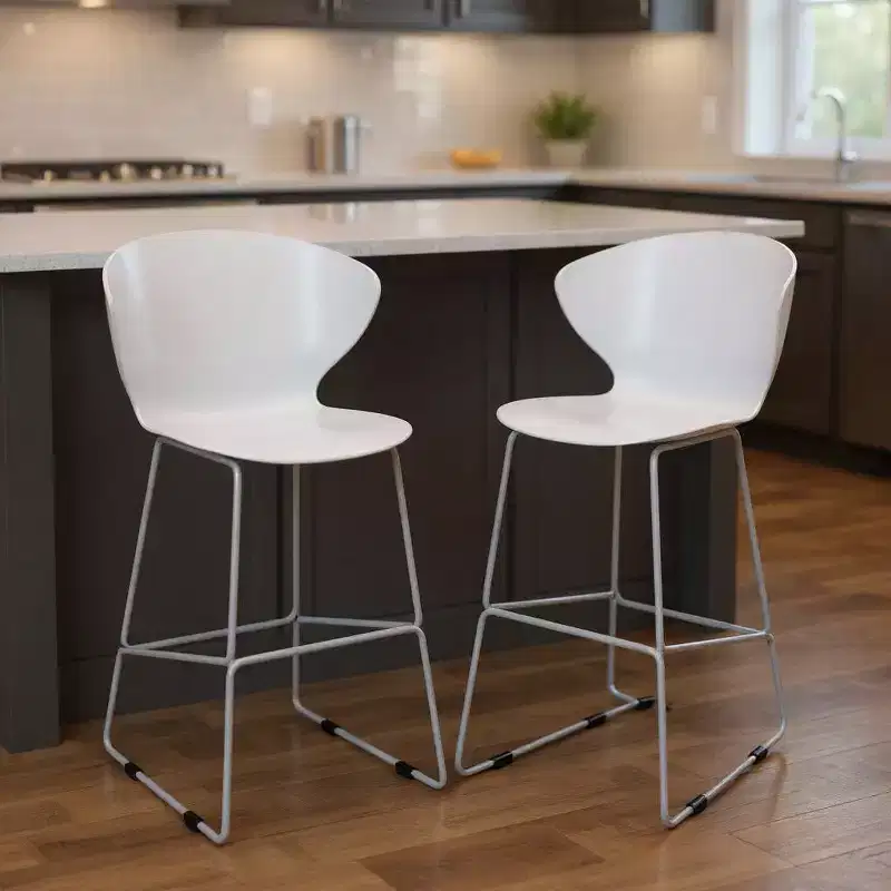 HomeRoots Set of Two 26 White and Silver Heavy Duty Plastic and Metal Low Back Counter Height Bar Chairs