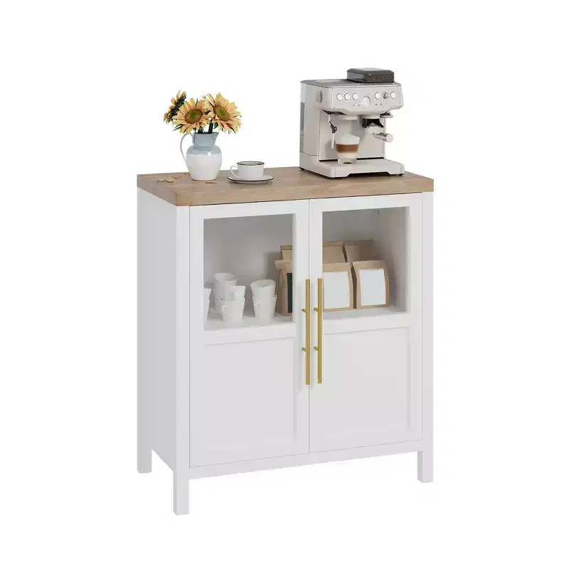 Farmhouse Buffet Cabinet with Glass Doors and Storage Shelves, 55 Inch Accent Sideboard for Kitchen Dining Room Living Room, White and Brown