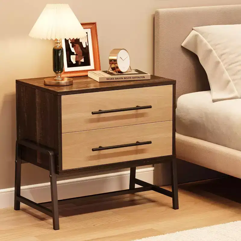 Mid Century Modern Nightstand with Unique Shape, Extended Drawer Handles, 2 Drawers & Metal Legs, Light Wood Side Table for Bedroom or Living Room